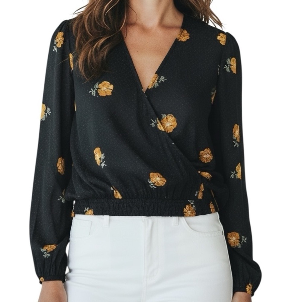 MADEWELL Long Button Sleeve Floral Jacquard V-Neck Wrap Blouse Size Small